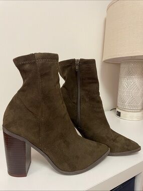 Lulu's Dark Olive Suede Block Heel Ankle Boots
